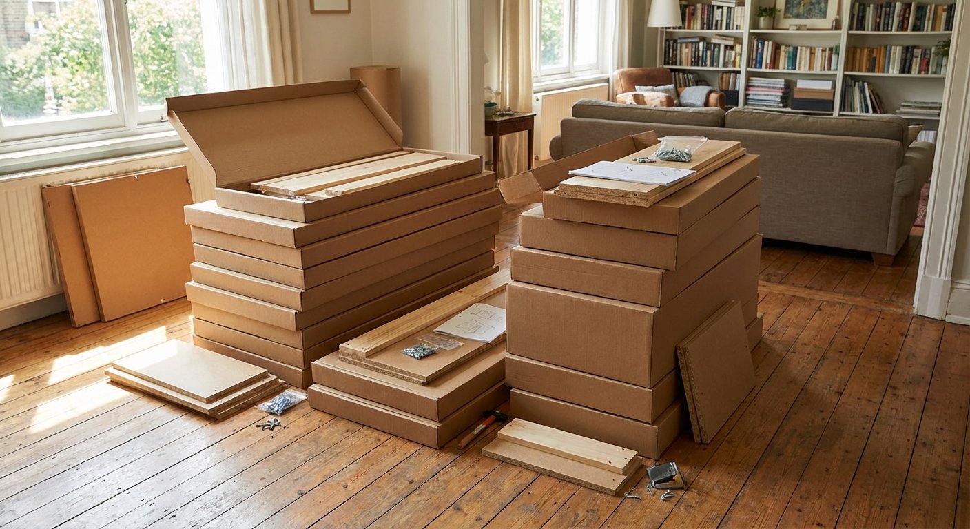 Dėžės su nesurinktais baldais kambaryje