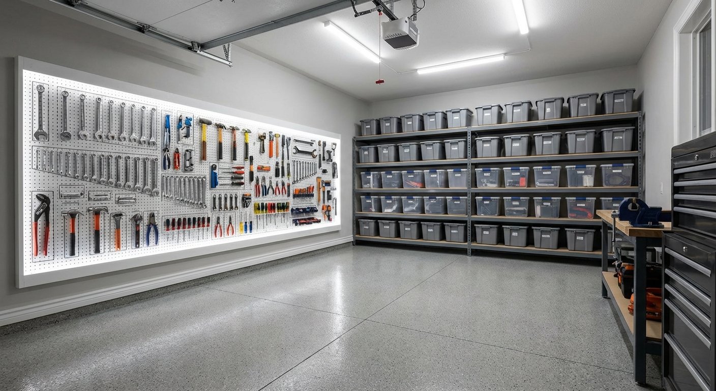 Švarus ir tvarkingas garažas su lentynomis