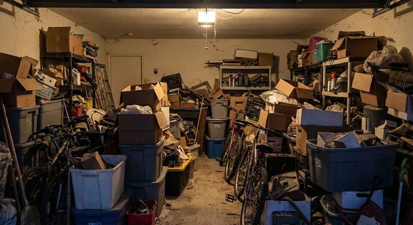 Apkrautas garažas prieš tvarkymą