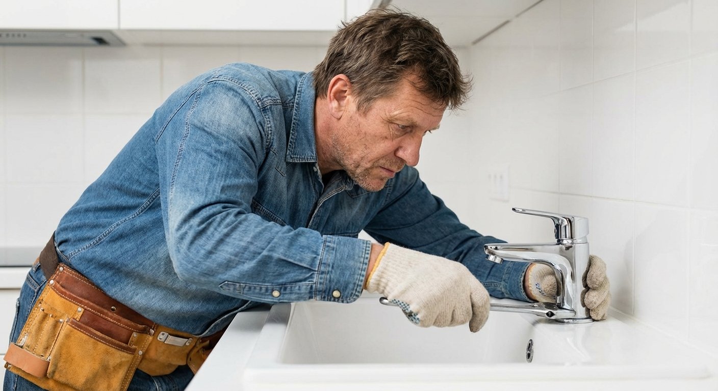 Santechnikas keičia virtuvinį maišytuvą