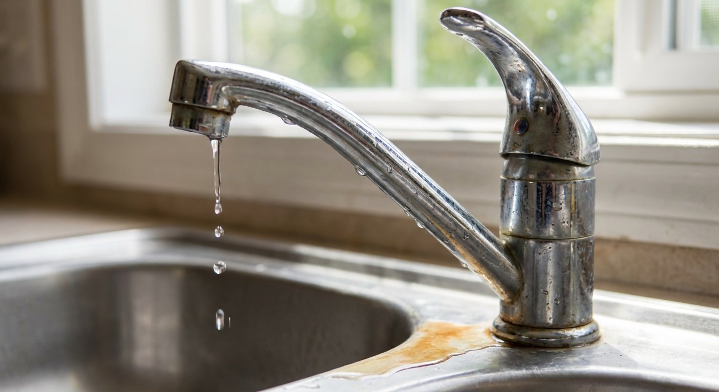 Lašantis čiaupas ir santechnikos įrankiai