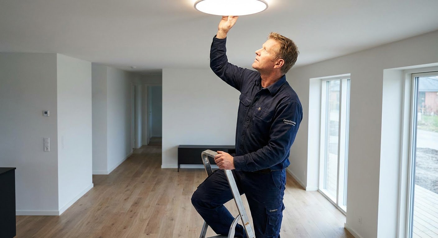 Meistras montuoja modernų šviestuvą ant lubų
