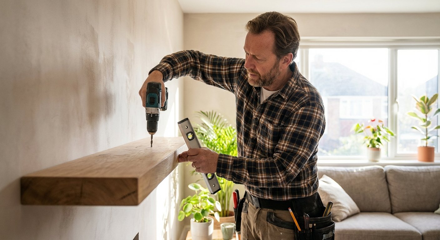 Meistras gręžia sieną ir tvirtina lentyną