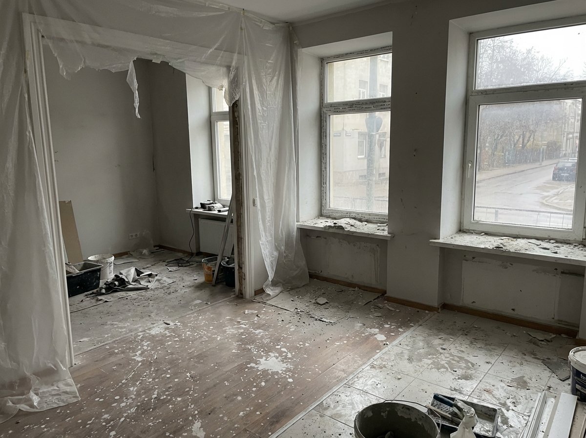 Dulkėtos grindys ir langai po remonto